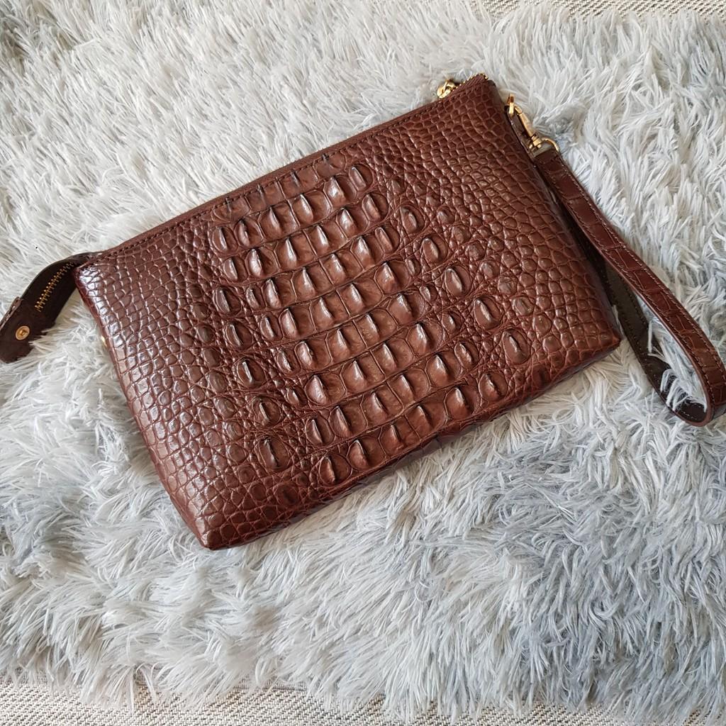 Ví Cầm Tay Cá Sấu | Ví Clutch Da Cá Sấu Da Gù To | Màu Nâu Cafe | Da Nguyên Tấm