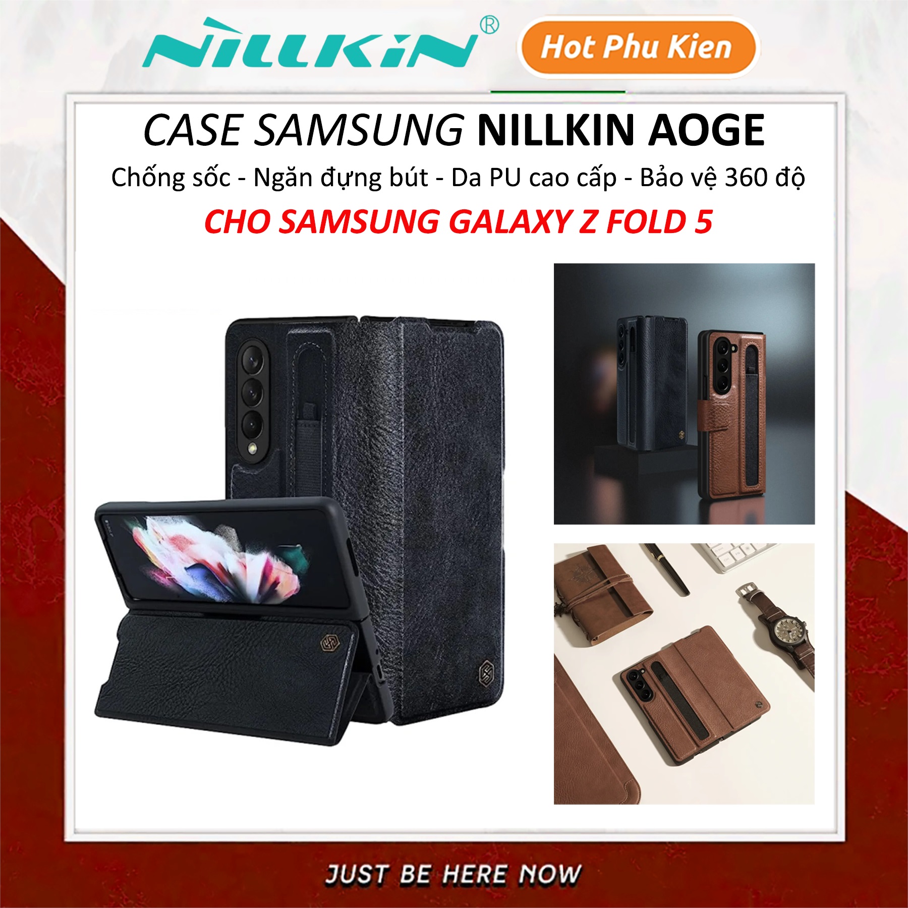 Case bao da chống sốc cho Samsung Galaxy Z Fold 5 trang bị ngăn đựng S-Pen hiệu Nillkin Aoge Leather Cover Case (bảo vệ máy cực tốt, chất liệu da thật cao cấp, thiết kế thời trang cá tính) - hàng nhập khẩu