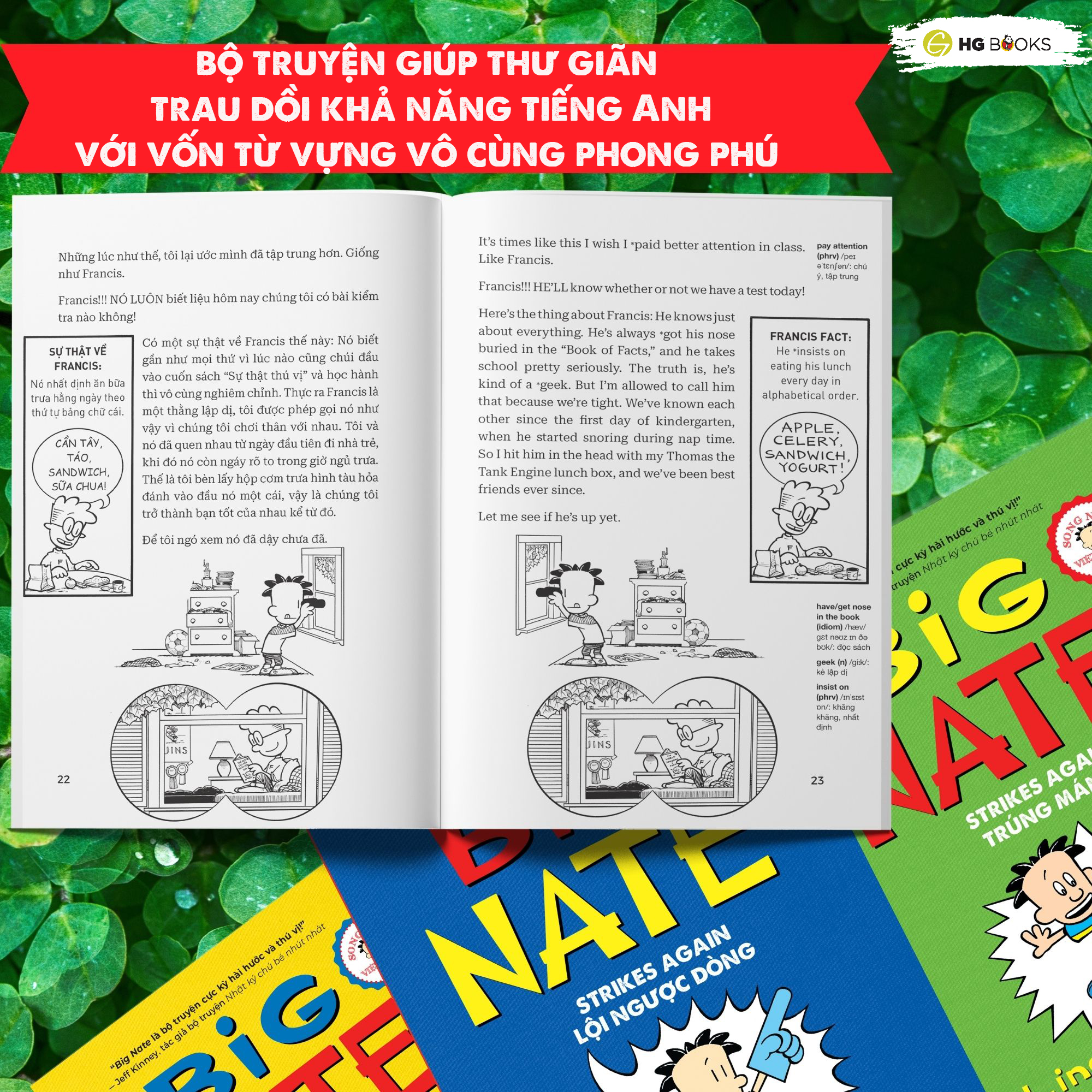 Sách Song Ngữ Việt - Anh: Big Nate – Combo 3 cuốn sách Thiếu Nhi Truyện Tranh Cho Trẻ Kèm File Audio và Note Từ Vựng