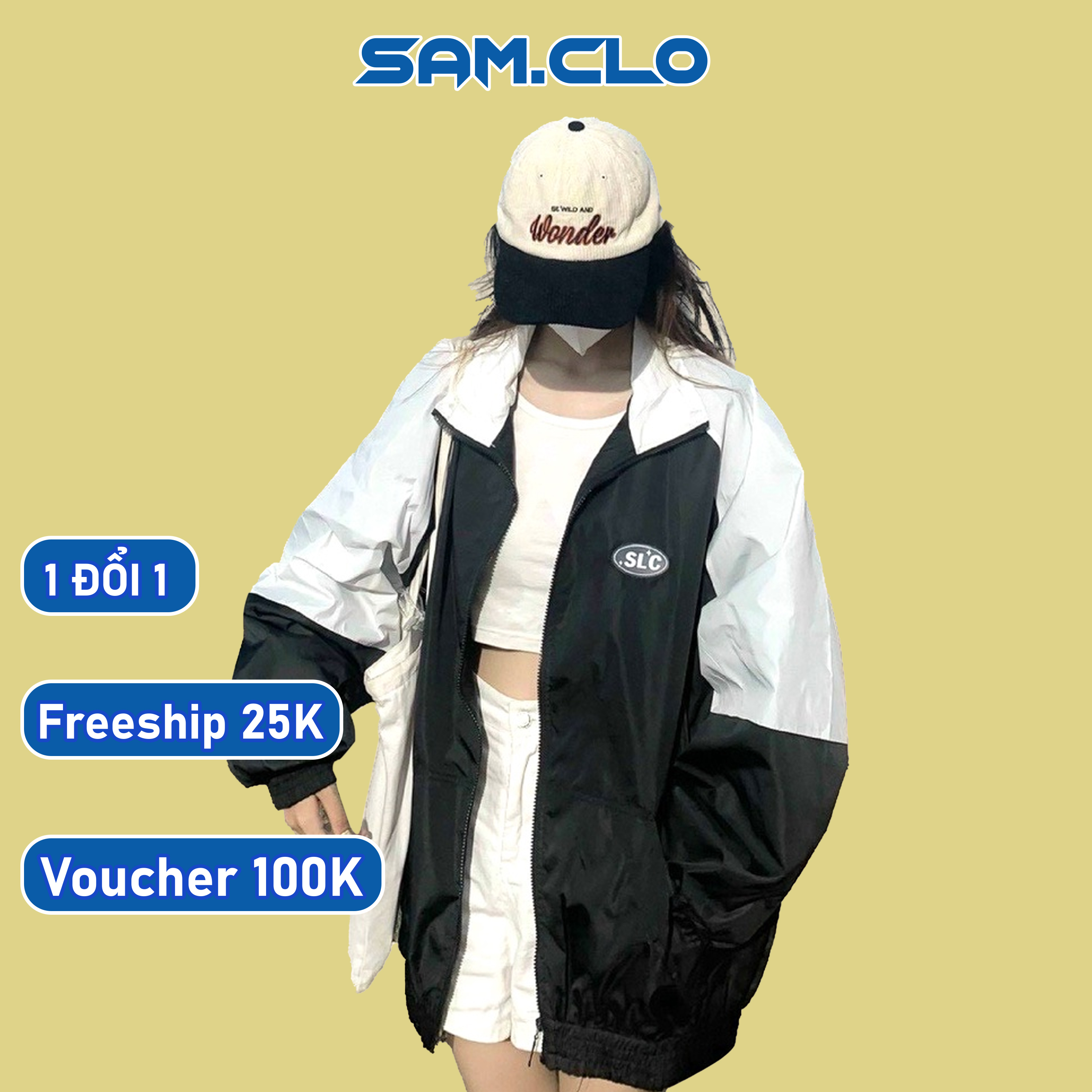 Áo khoác dù 2 lớp nam nữ SAM CLO - Áo khoác gió bomber khóa kéo form rộng unisex mặc cặp - couple in chữ SLC