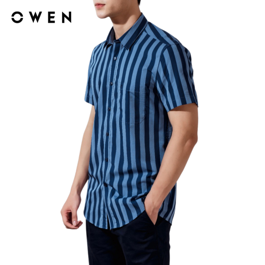 OWEN - Áo Sơ Mi nam Ngắn tay form Regular Fit chất liệu Bamboo kẻ sọc nhỡ có túi - AR22663NT