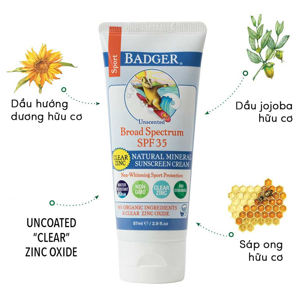 Kem Chống Nắng Thiên Nhiên Thể Thao Badger SPF 35 Clear Sport Sunscreen - Thuần vật lý, phổ rộng broad-spectrum, an toàn cho san hô, 98% thành phần hữu cơ