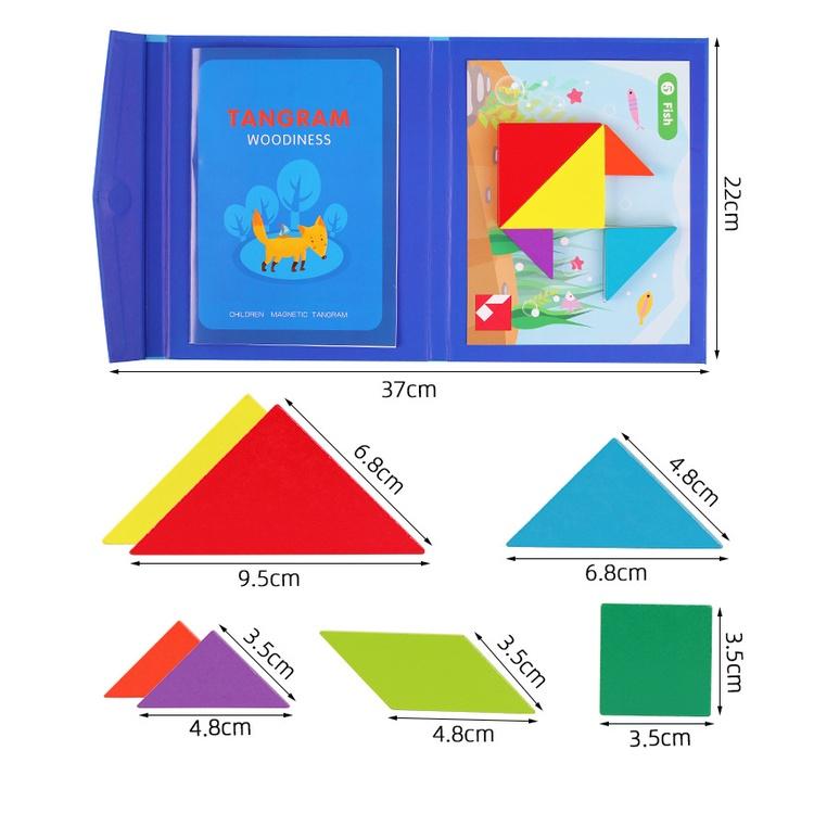 Đồ chơi Xếp hình gỗ Tangram nam châm có kèm sách cho bé, đồ chơi gỗ thông minh montessori
