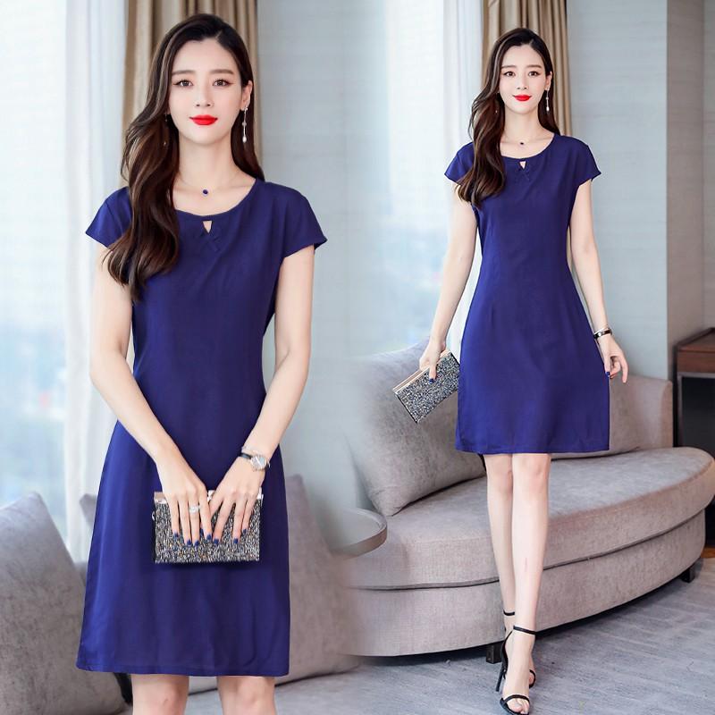 Đầm suông màu xanh đen trơn thắt eo da155