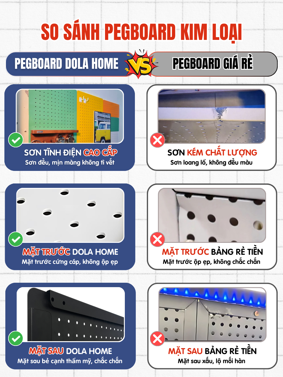 Bảng lỗ  Pegboard Dola Home kim loại cao cấp tiện dụng đặt bàn học, bàn làm việc, trang trí decor nhà cửa ngắn nắp