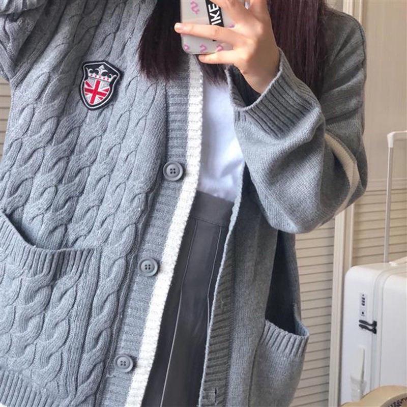 Áo Cardigan Len Trơn Thừng Logo Chất Dày Dáng Dài Xám