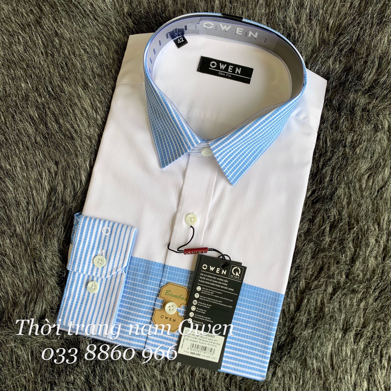 OWEN - Áo sơ mi dài tay Owen Slimfit chất sợi tre màu trắng sọc xanh 23305