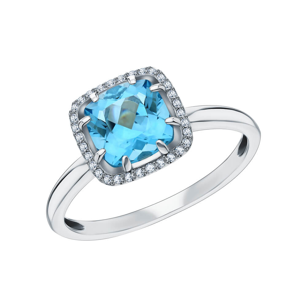 Nhẫn vàng trắng 14KW đính đá Topaz và 32 viên kim cương tấm - MOON Jewelry