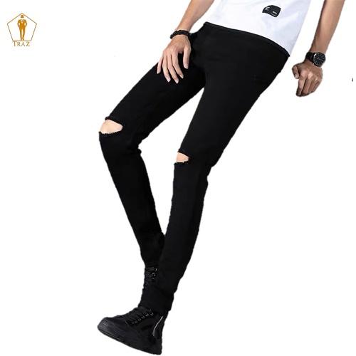 Quần jean nam TRAZ rách gối màu đen trơn chất bò cao cấp co dãn 4 chiều đẹp rin trơn form dáng skinny