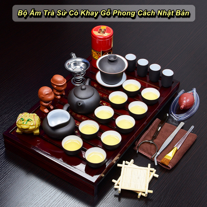 Bộ Ấm Trà Sứ Có Khay Gỗ Phong Cách Nhật Bản - Home and Garden