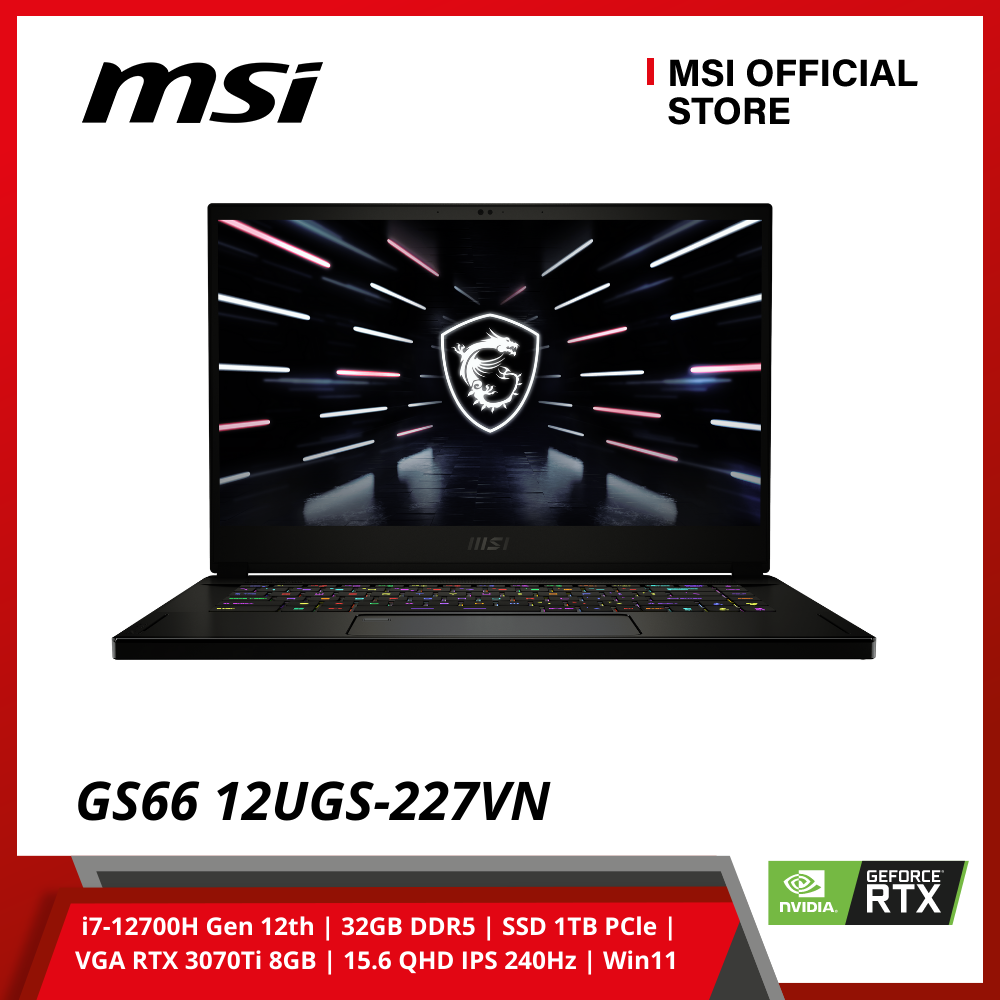 Laptop MSI GS66 12UGS-227VN | i7-12700H Gen 12th | 32GB DDR5 | SSD 1TB PCle | VGA RTX 3070Ti 8GB | 15.6 QHD IPS 240Hz | Win11 ( Black) - Hàng Chính Hãng