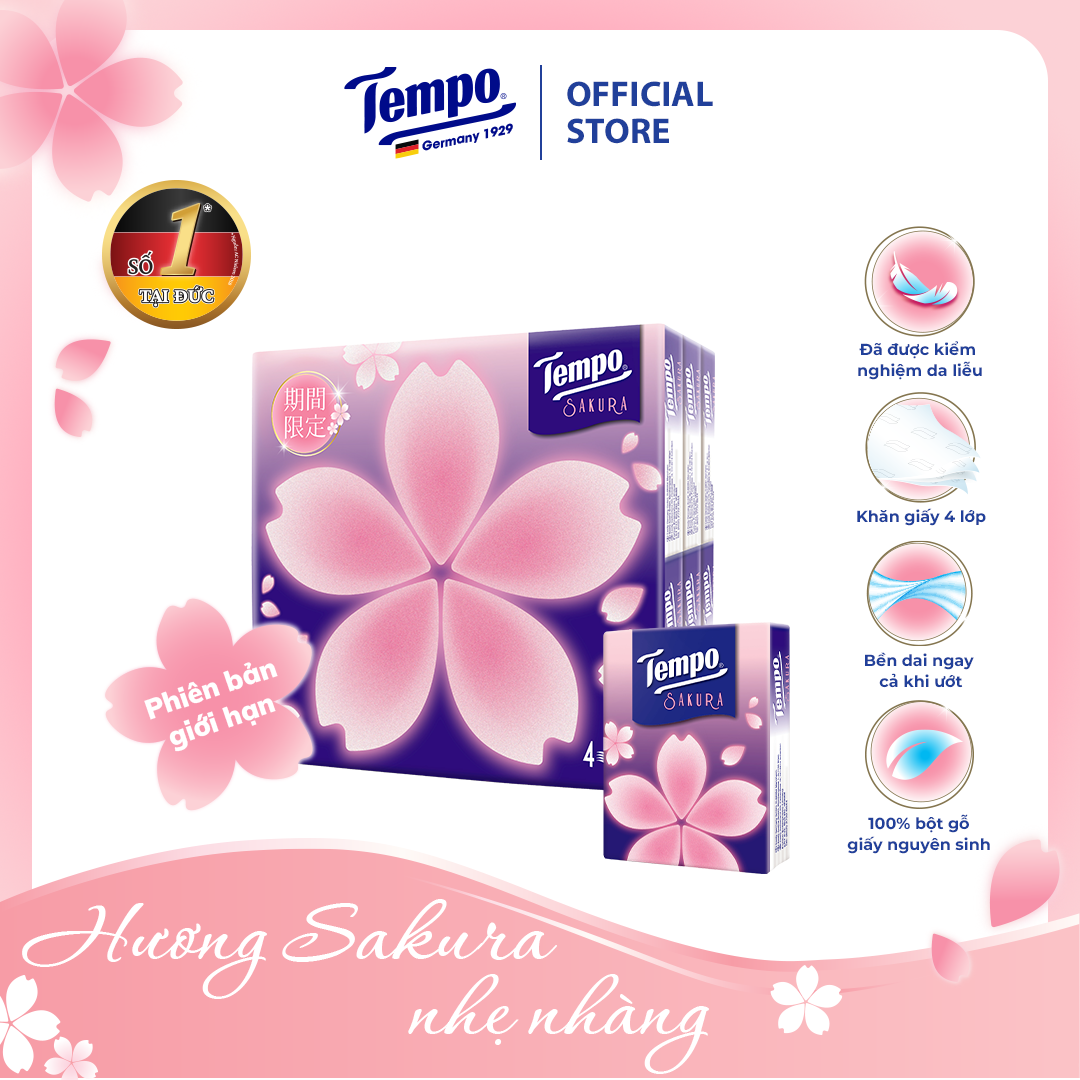 [LỐC 18 GÓI] Khăn Giấy Bỏ Túi Cao Cấp Tempo Petit Hương Sakura- 4 Lớp Bền Dai, Được Kiểm Nghiệm Da Liễu -Thương Hiệu Đức