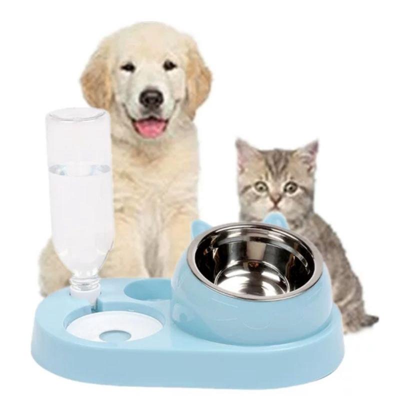 (BÁT 4 CHỨC NĂNG) Bát Chén tô, khay ăn inox chống gù kèm bình nước tự động, có ngăn đựng lon pate cho chó mèo