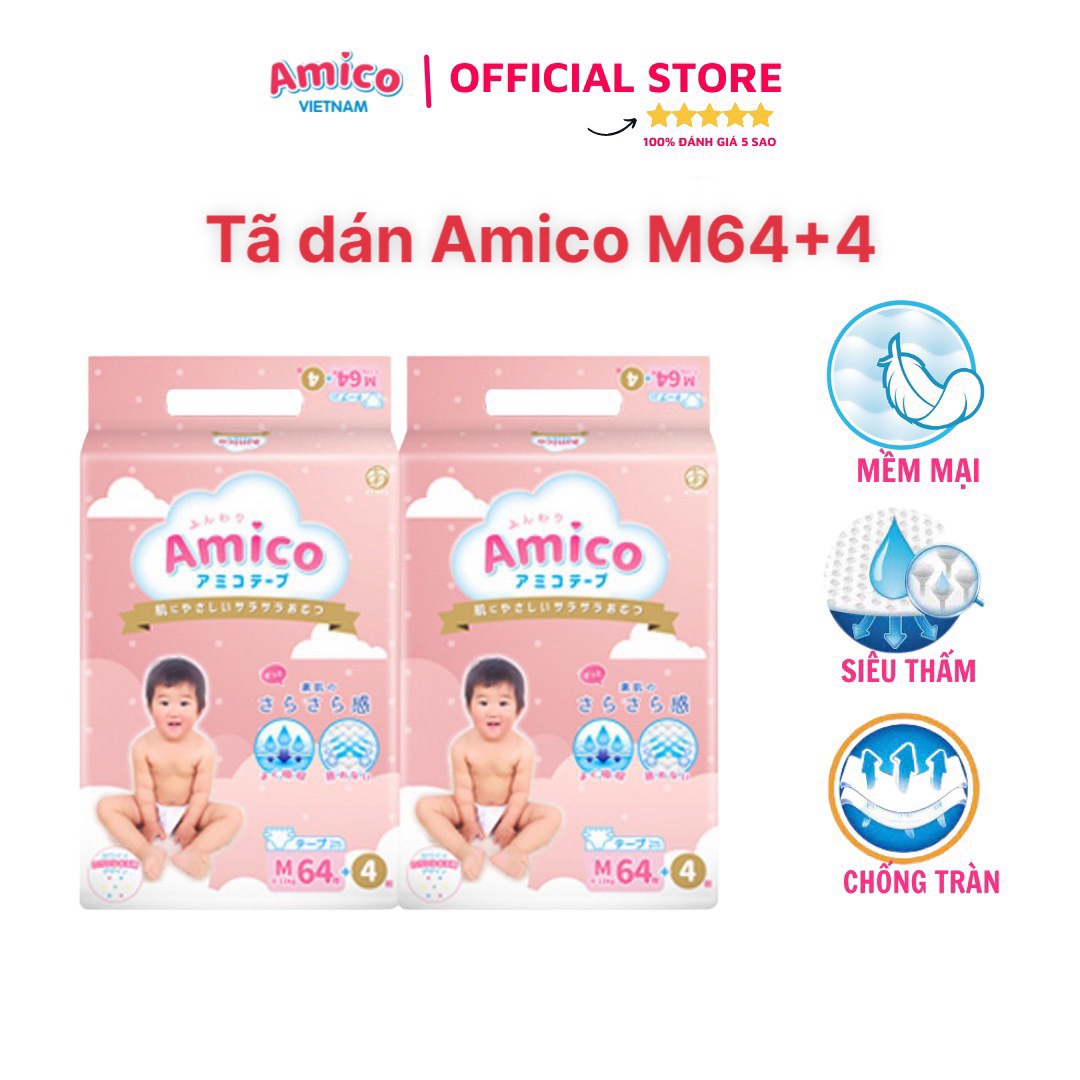 Bỉm - Tã dán Amico size M 64 + 4 miếng (Cho bé 6 - 11kg)