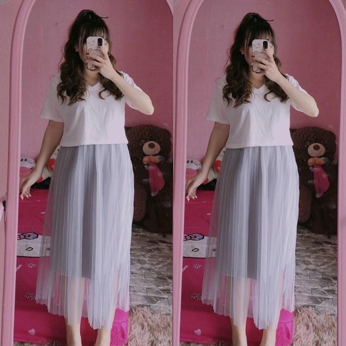 chân váy lưới dài 2 lớp - Trắng