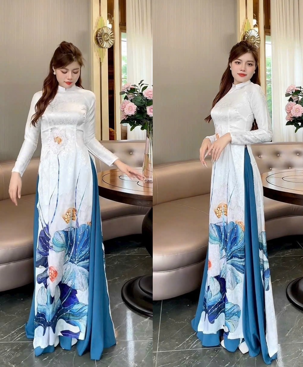 Set áo dài gấm truyền thống in hoa 6D tay dài duyên dáng