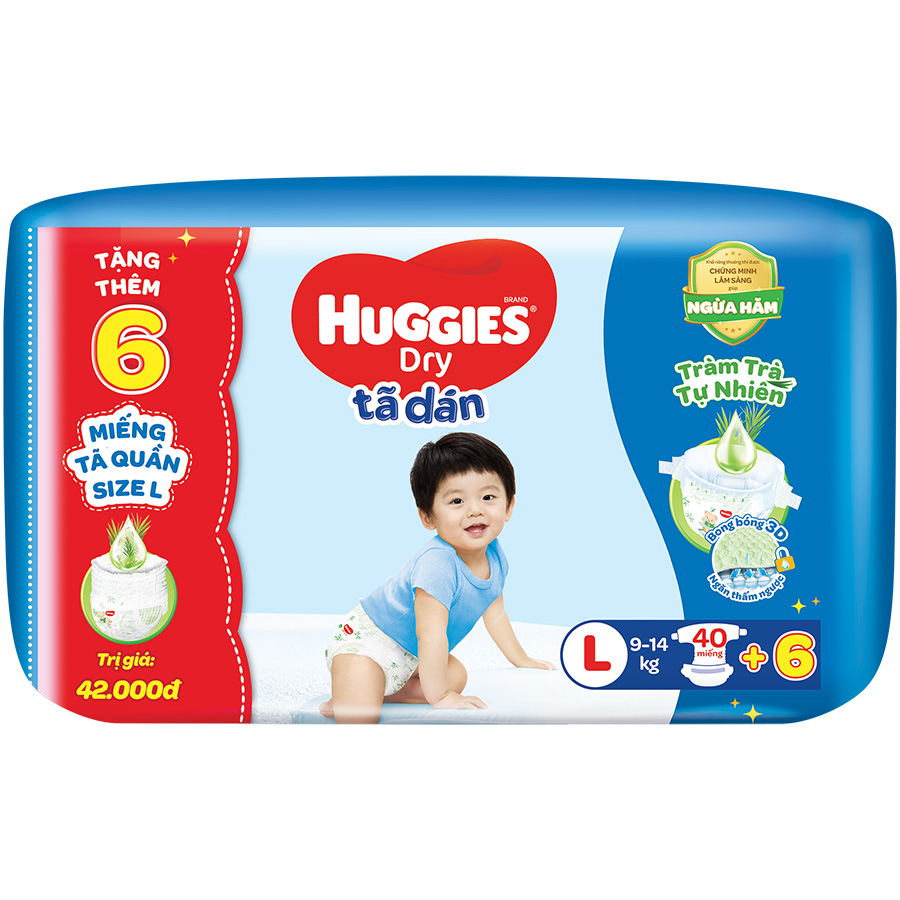 Tã dán HUGGIES DRY JUMBO Tràm Trà - L40(9 - 14kg) + Tặng 6 miếng