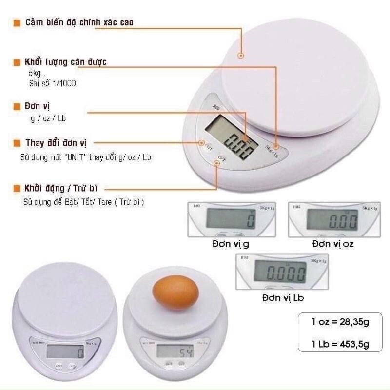 Cân Nhà Bếp Electronic B05 5kg Màn Hình LCD Hiển Thị Thông Minh Chất Lượng Tốt