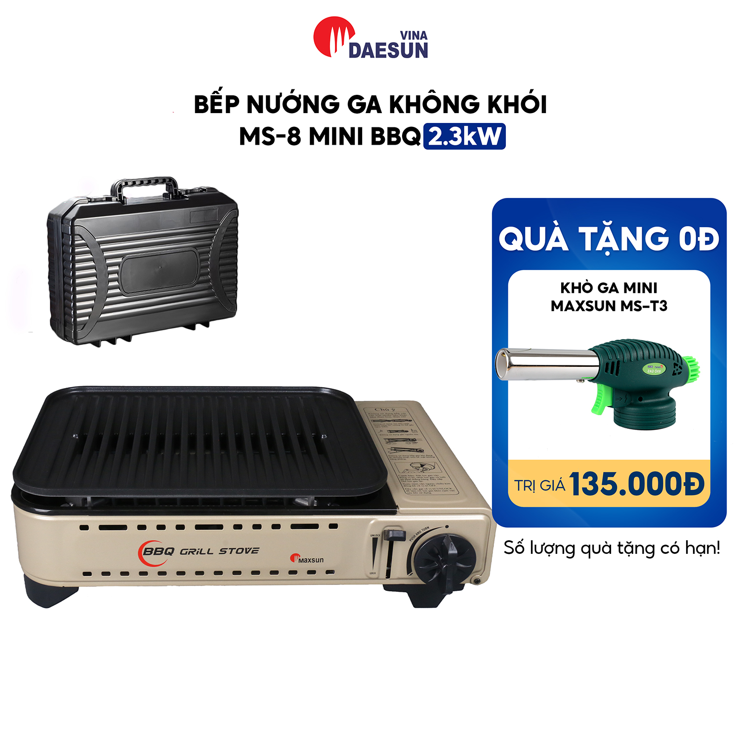 Bếp Nướng Ga Maxsun MS-8 Mini BBQ - Công suất 2300W | Chống Dính - Thoát Dầu Mỡ Tự Động | Hàng Chính Hãng