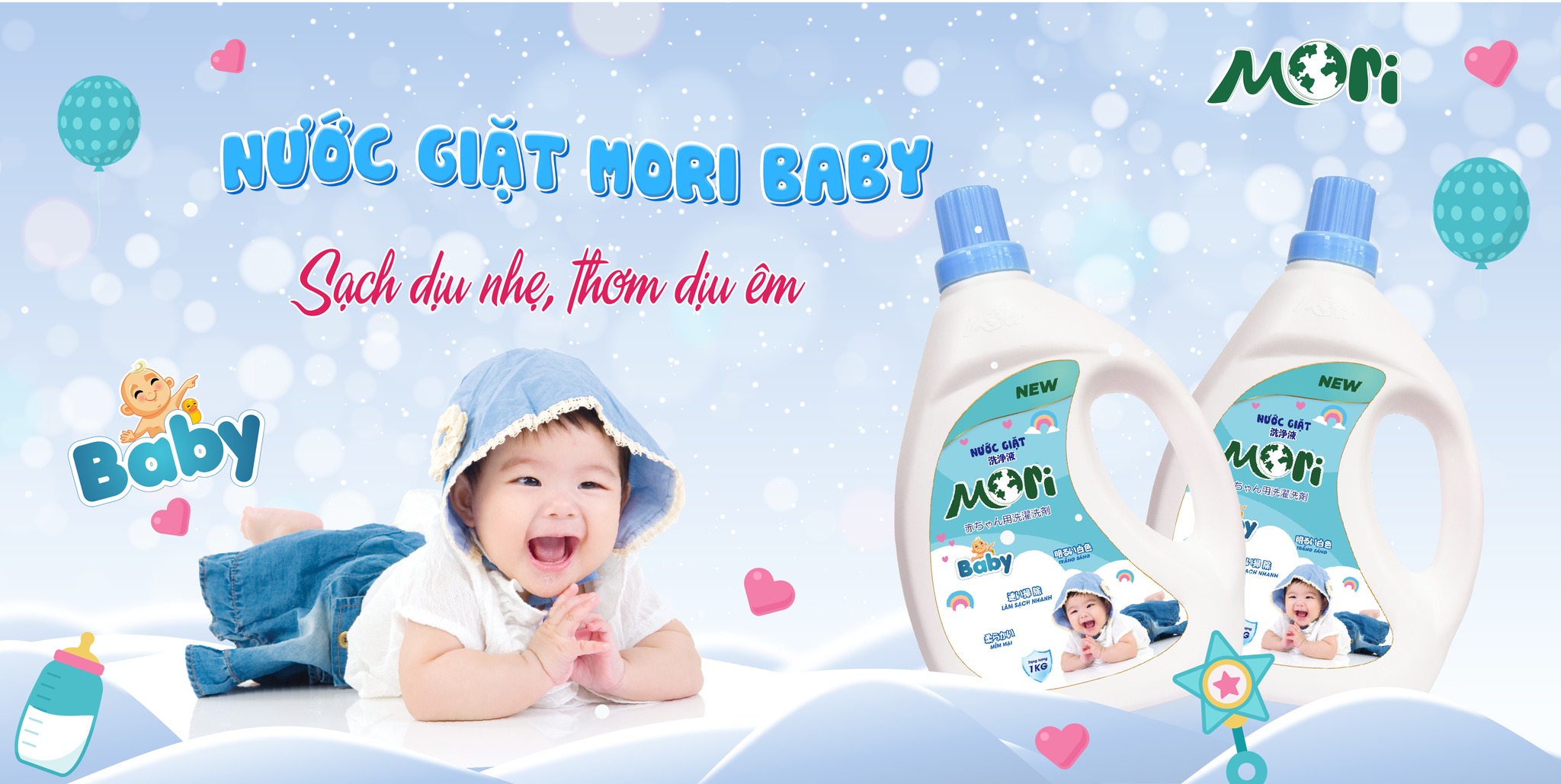 Nước Giặt Mori Baby Chai 1L Đánh Bay Vết Bẩn, Chống Vi Khuẩn, Giúp Quần Áo Của Bé Luôn Mềm Mại Và Lưu Hương Thơm Dịu Êm