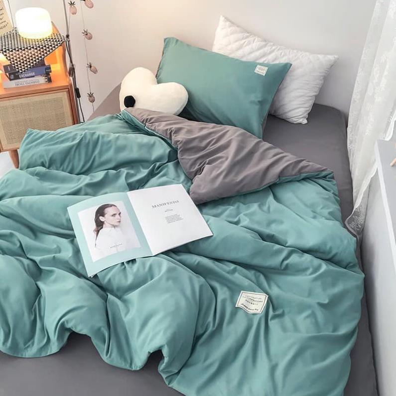 Bộ Chăn Ga Gối Cotton TC xanh ngọc phối ghi