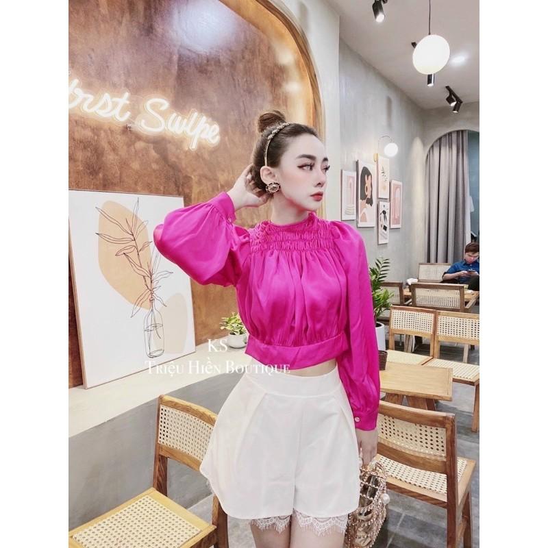Áo croptop cột nơ sau, cổ áo có may nhún, màu hot