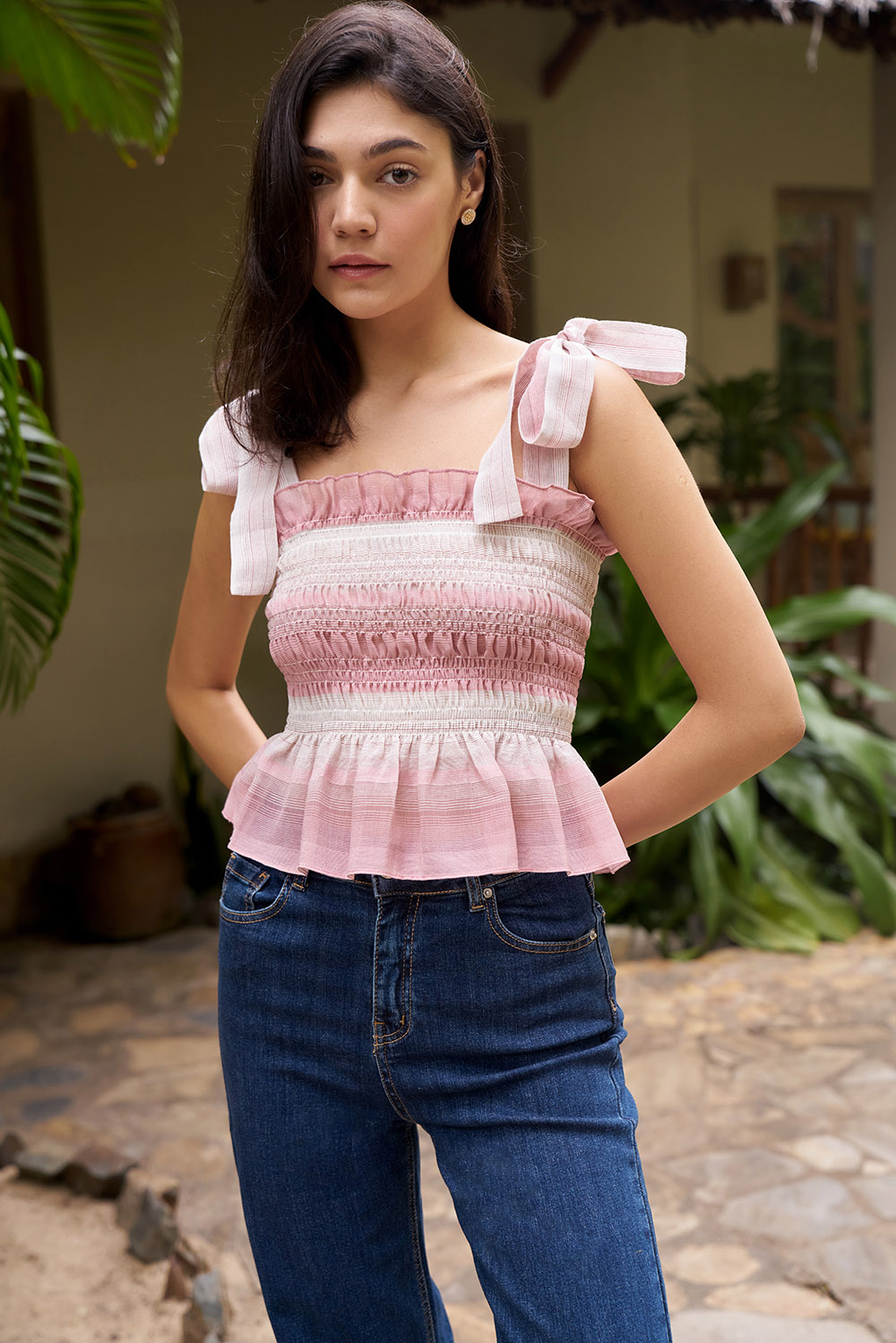 DOTTIE - Áo kiểu smocked kẻ sọc - T0693