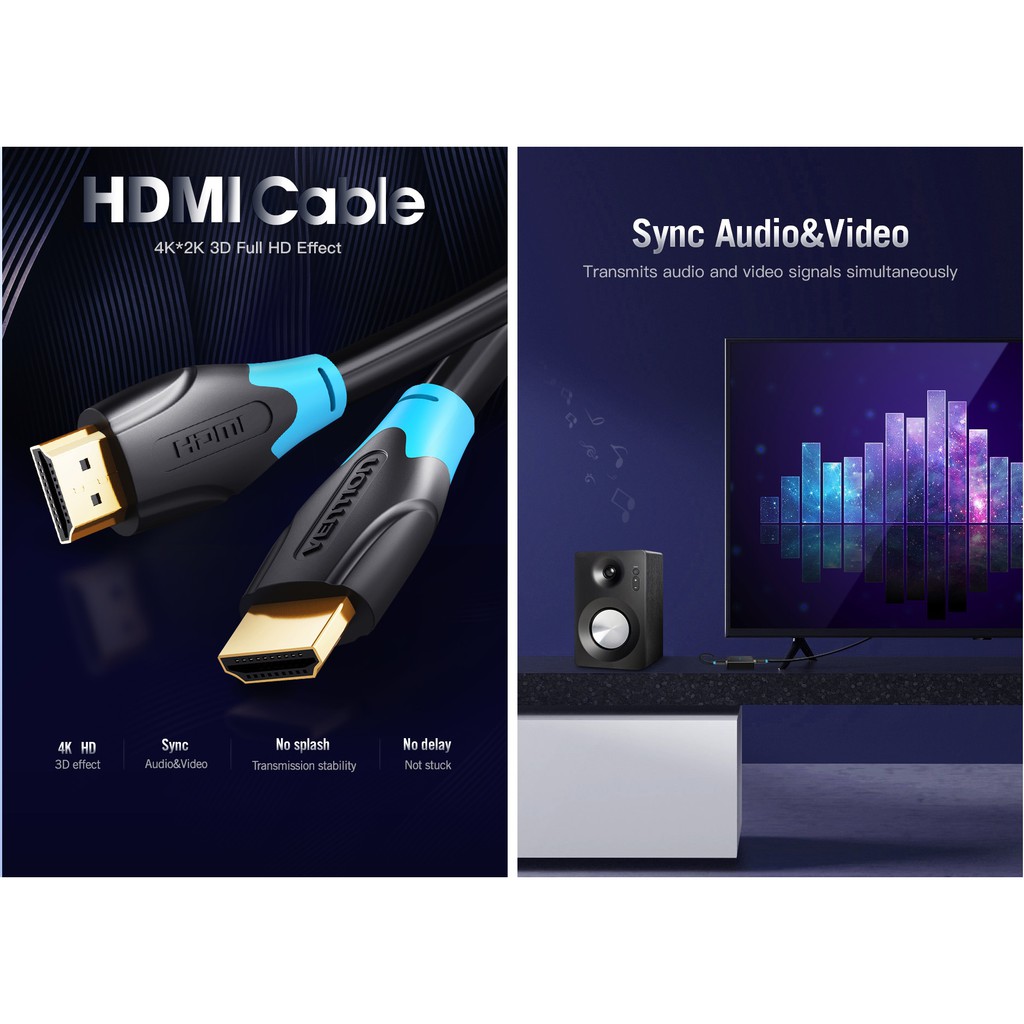 Cáp hai đầu HDMI 2.0 dây nhựa tròn Vention AACBI - Hàng chính hãng