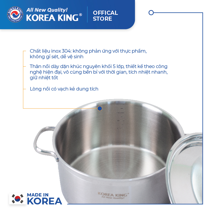 KP-20S5PLY Nồi inox 5 lớp đáy liền Korea King (Nồi, nắp đều bằng inox, đường kính 20cm, dung tích 3L)-Hàng chính hãng