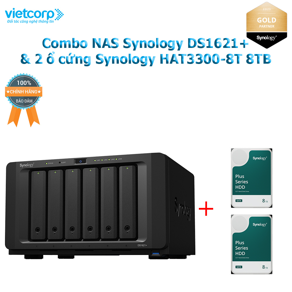 Combo Thiết bị lưu trữ NAS Synology DS1621+ và 2 Ổ cứng Synology HAT3300-8T Hàng Chính Hãng