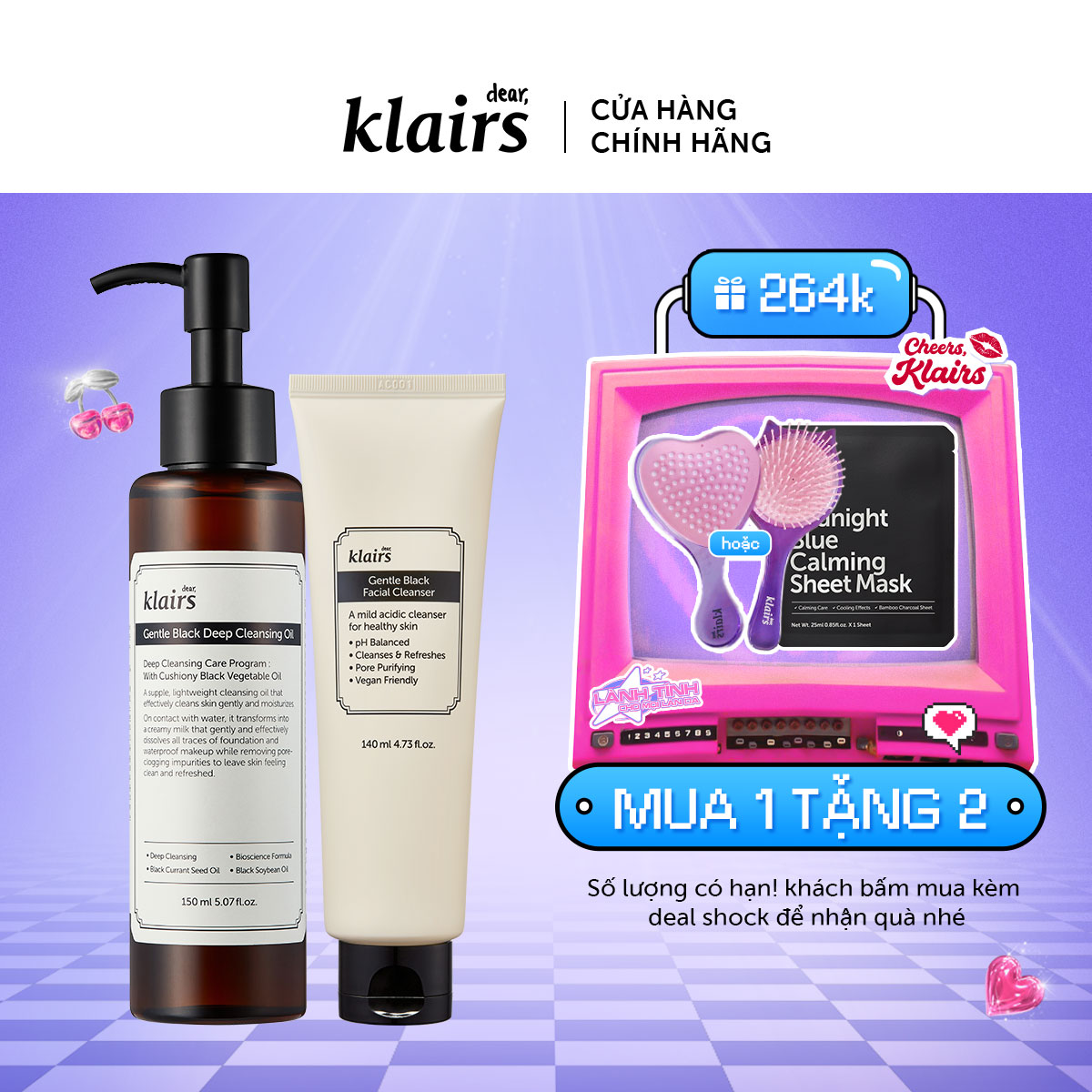 Combo Dear, Klairs Dầu tẩy trang Gentle Black Deep Cleansing Oil 150ml + Dear, Klairs Sữa rửa mặt Gentle Black 140ml