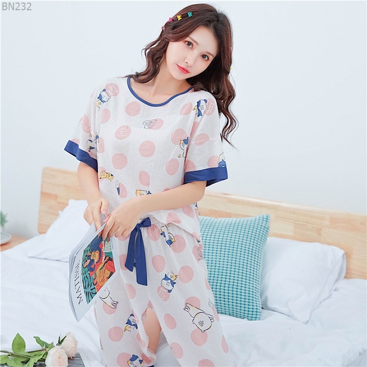 Bộ lửng mặc nhà Đồ ngủ nữ tay lửng chất vải cotton crepe mịn thoáng mát hàng đẹp chuẩn