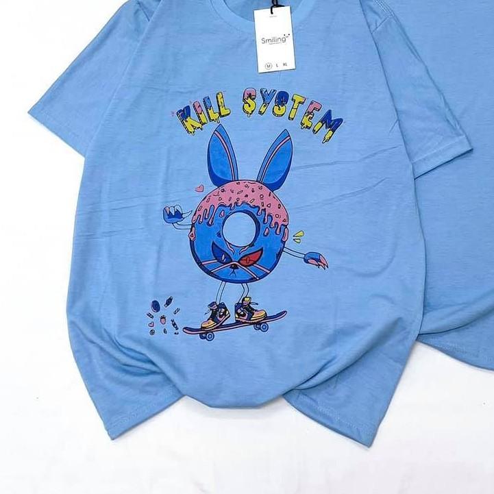 Áo thun nam nữ unisex form rộng in hình thỏ màu xanh trắng