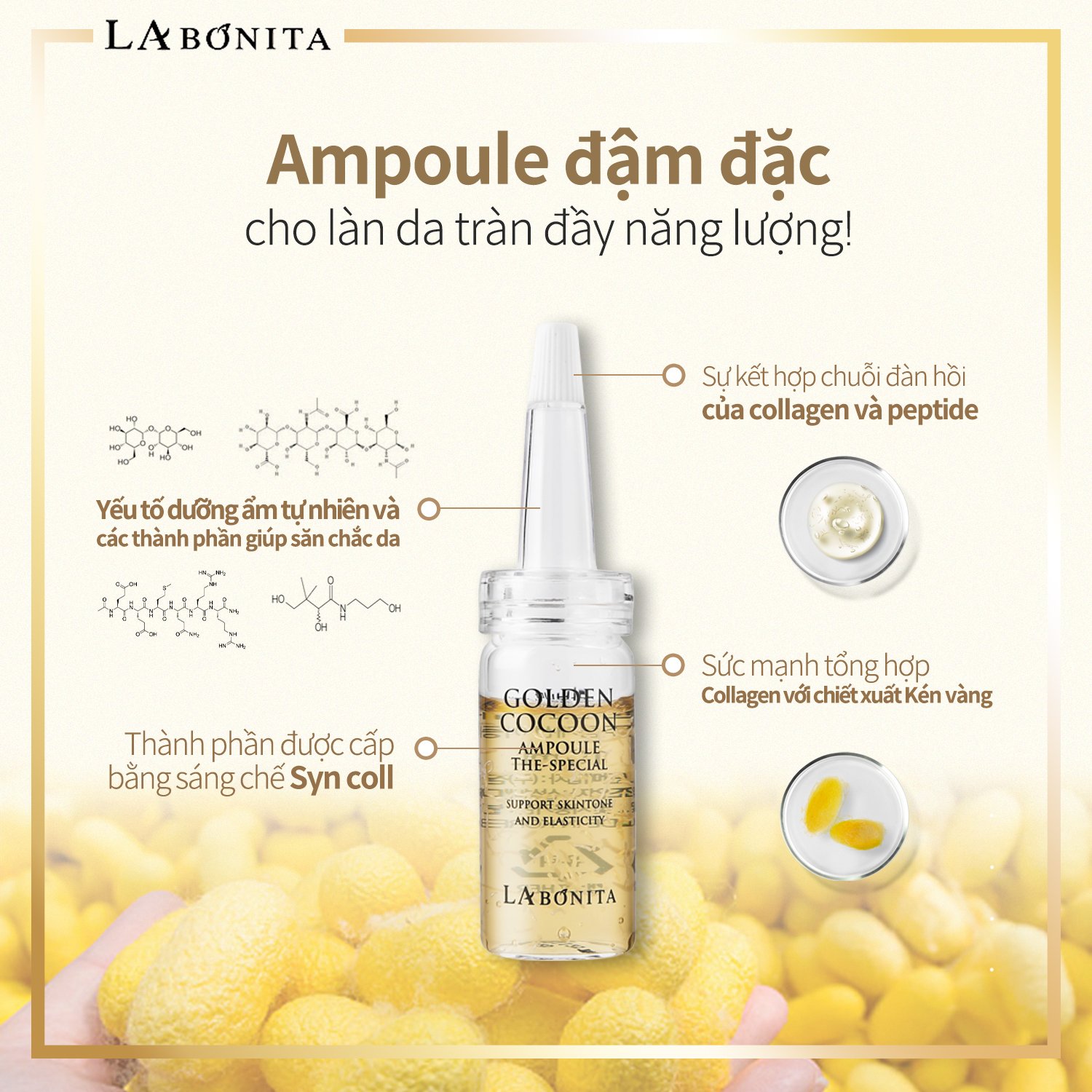 Set 4 lọ tinh chất kén tằm vàng - LA BONITA Golden Cocoon Ampoule The-Special lọ 10mlx4