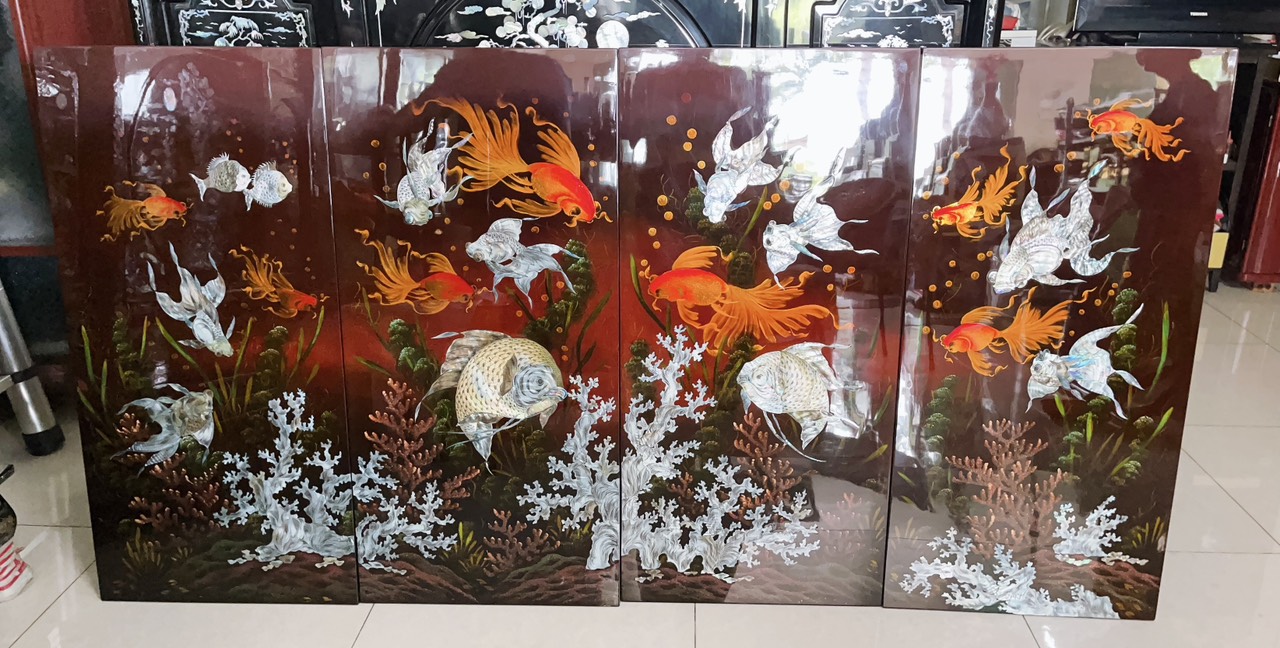 Tranh sơn mài vẽ cá phong thủy Bộ 4 tấm 100x200 cm hàng cao cấp dày dặn xuất khẩu