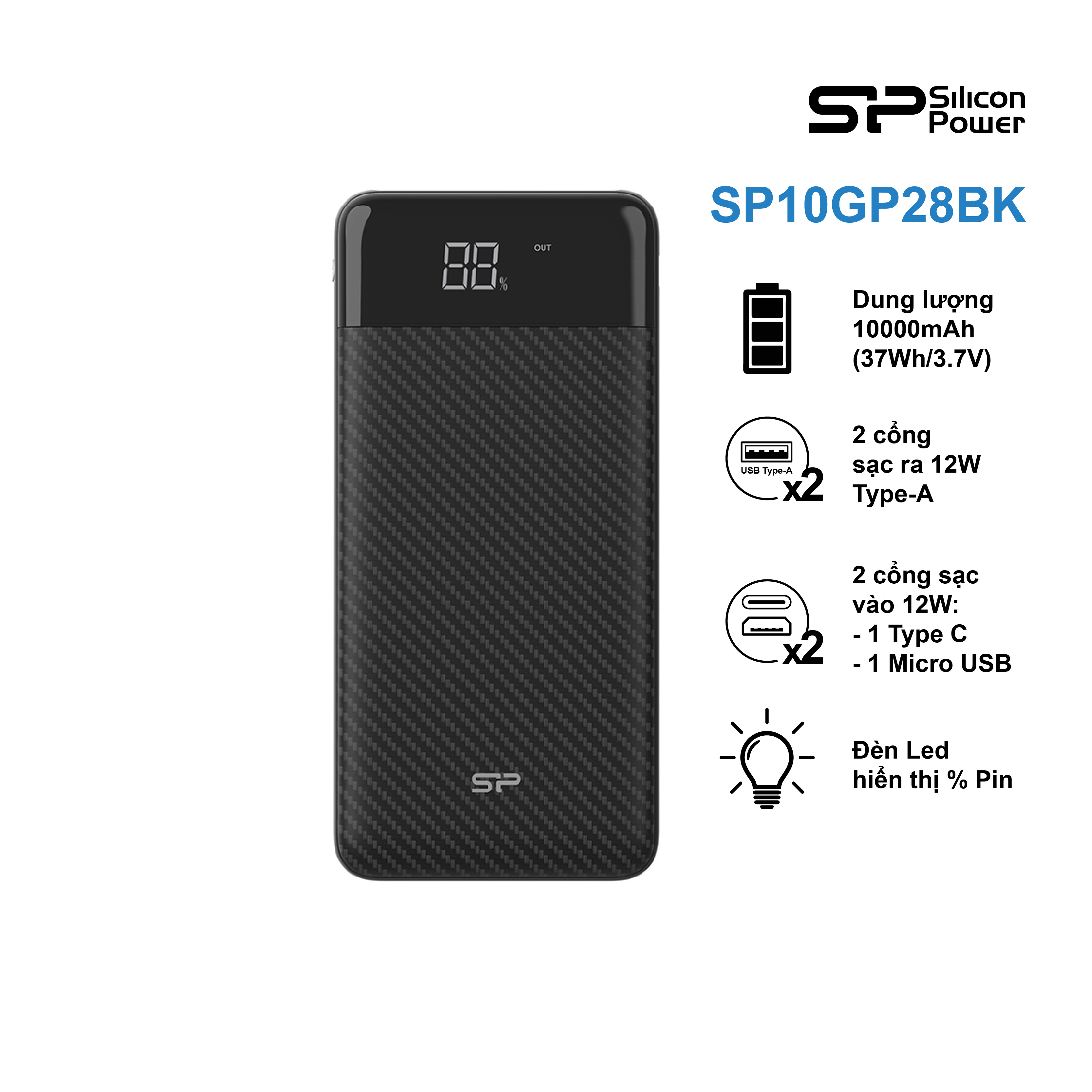 Pin sạc dự phòng Silicon Power GP28 10.000mAh vỏ carbon, hỗ trợ sạc thông minh - Hàng chính hãng