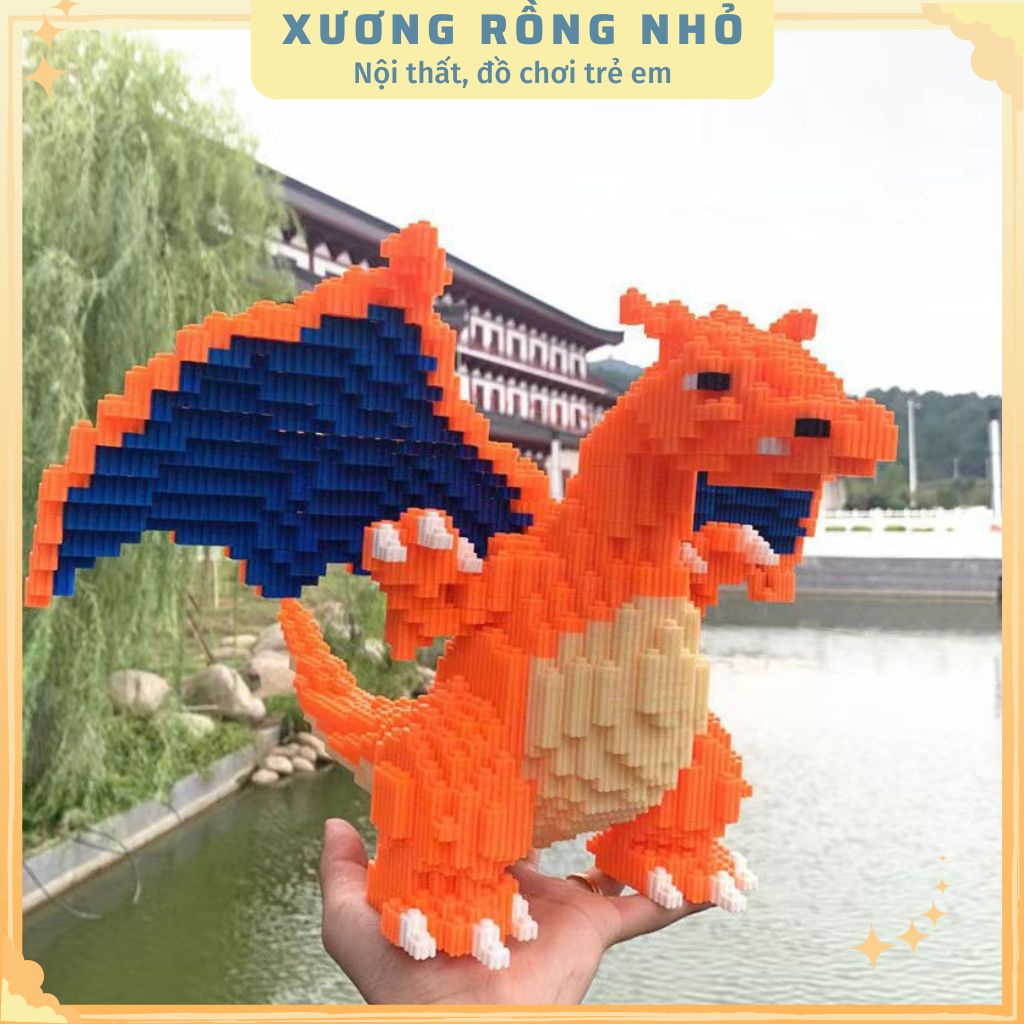 Mô hình Rồng Lửa Charizard cỡ lớn size to 26cm đồ chơi xếp hình nano 3d cho bé chuẩn mẫu, RỒNG CAM 26CM