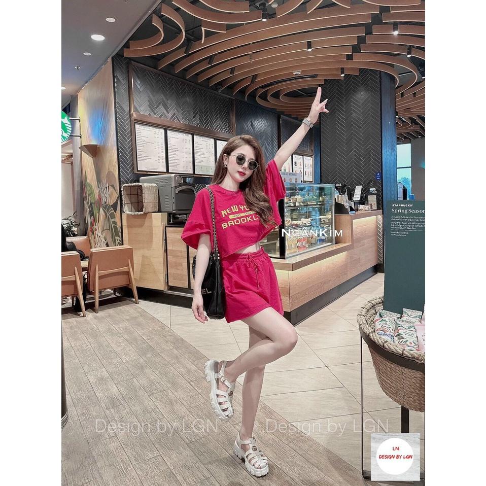 SET ĐI CHƠI, SET 2 MÓN ÁO CROPTOP CỔ TRÒN TAY NGẮN NEW YORK PHỐI CHÂN VÁY CỰC HOT - Pink