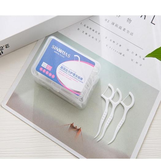 Hộp 50 Cây Tăm Chỉ Nha Khoa Tiệt Trùng Sợi Chỉ Mảnh 2In1 Bảo Vệ Răng Lợi Giúp Sạch Sẽ Không Gây Hôi Miệng Chuyên Dụng