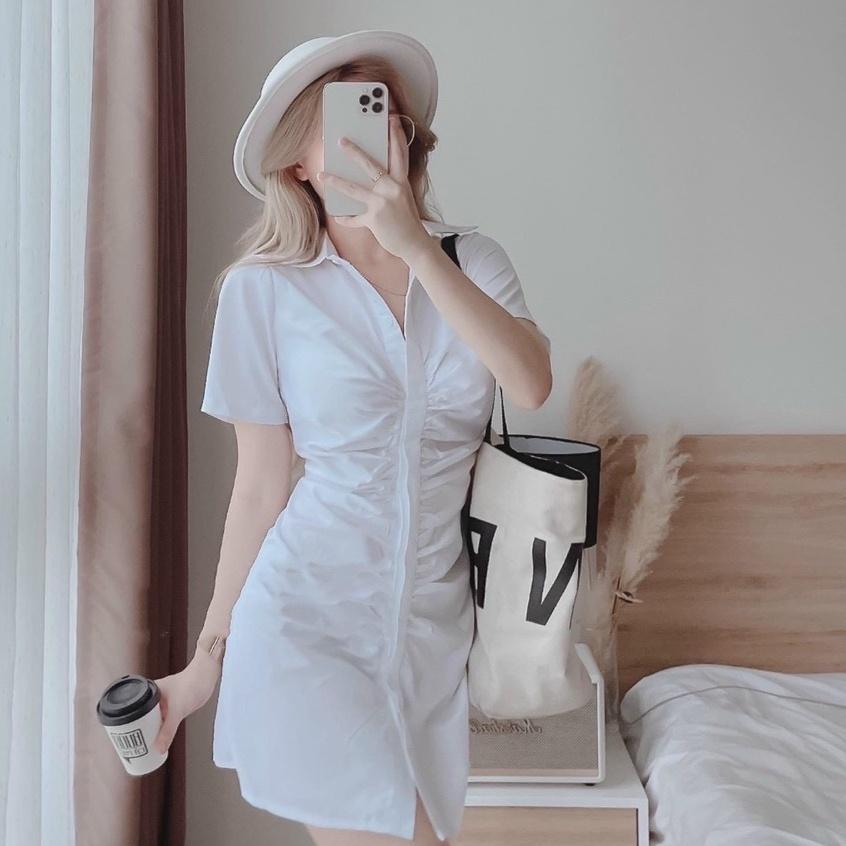Đầm sơ mi nữ thời trang thiết kế nhún eo cài nút