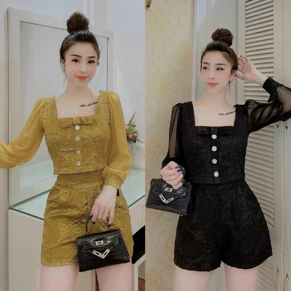 Set bộ đi chơi áo croptop tay dài phối quần đùi phong cách sang chảnh 3 màu xanh, đen, vàng thời trang nữ XM Minh Phúc