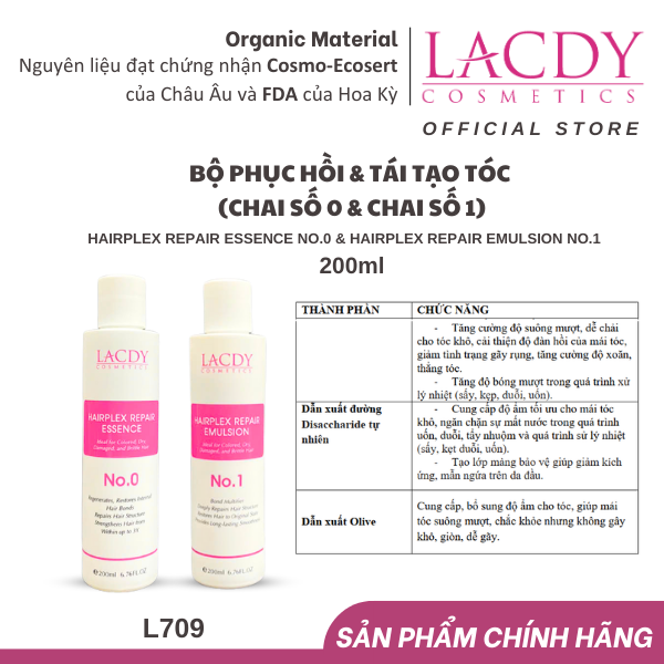 Bộ sản phẩm phục hồi - tái tạo tóc hư tổn Lacdy (L706 L707) Chai số 0 200ml &amp; chai số 1 200ml