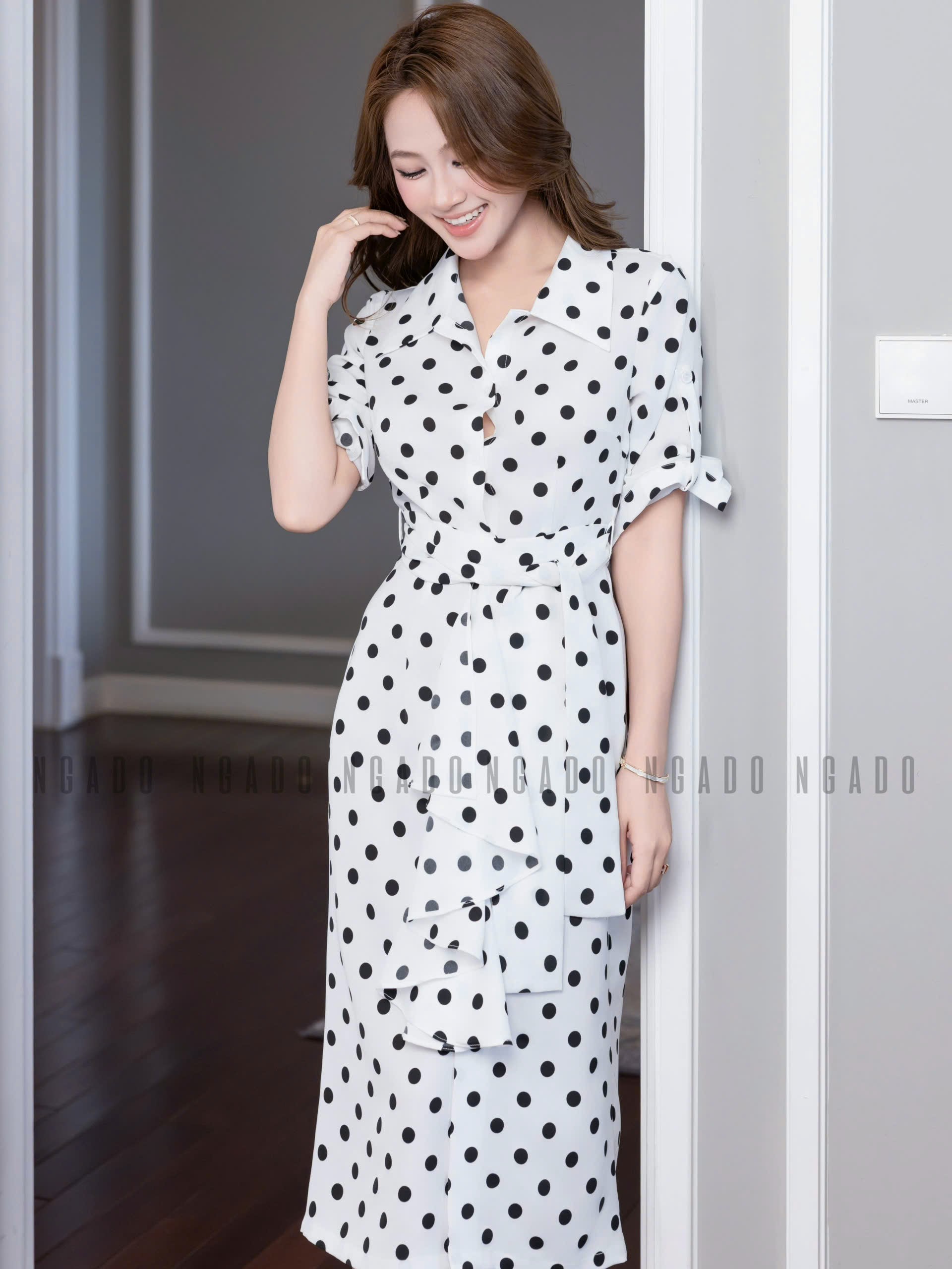 Đầm sơ mi chấm bi tay lửng NGADO , đầm sơ mi , đầm chấm bi , đầm kiểu