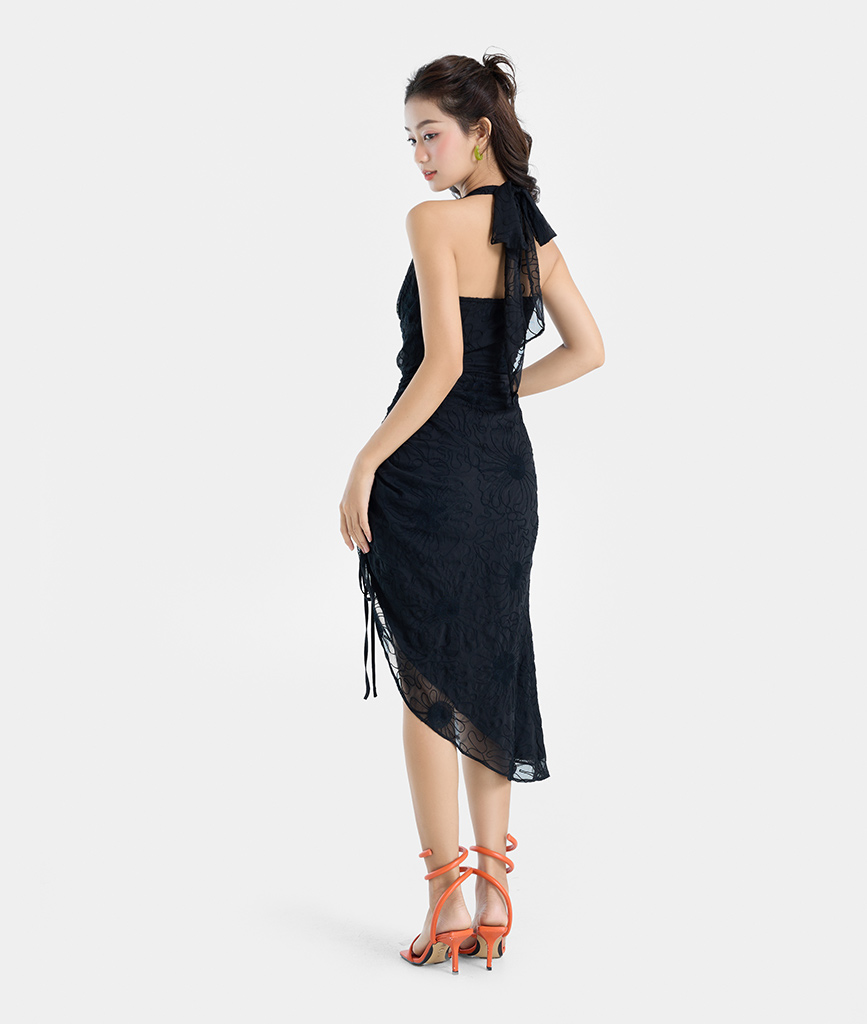 Đầm Lửng Nữ Thời Trang HNOSS Midi Cổ Yếm Cột Nơ HNDLU096