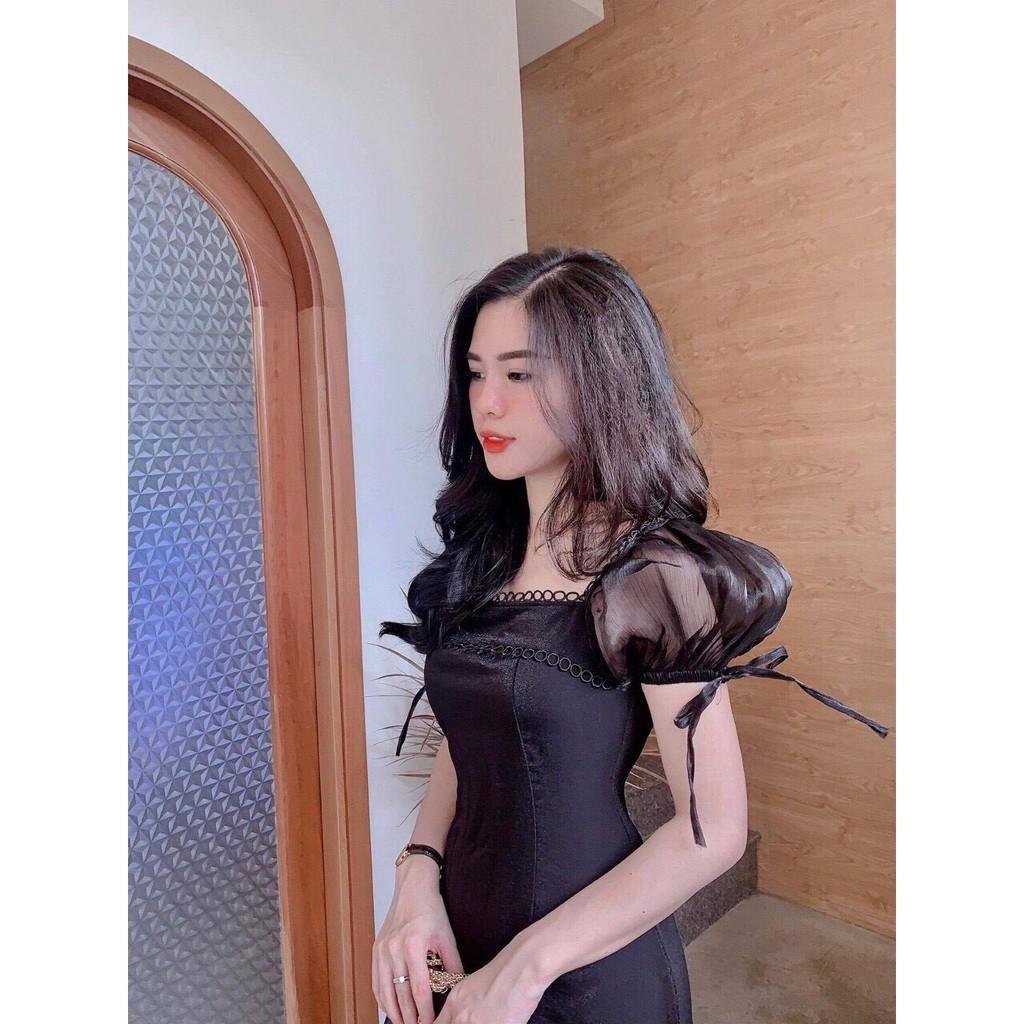 Đầm thiết kế đen cổ vuông tay phồng cao cấp