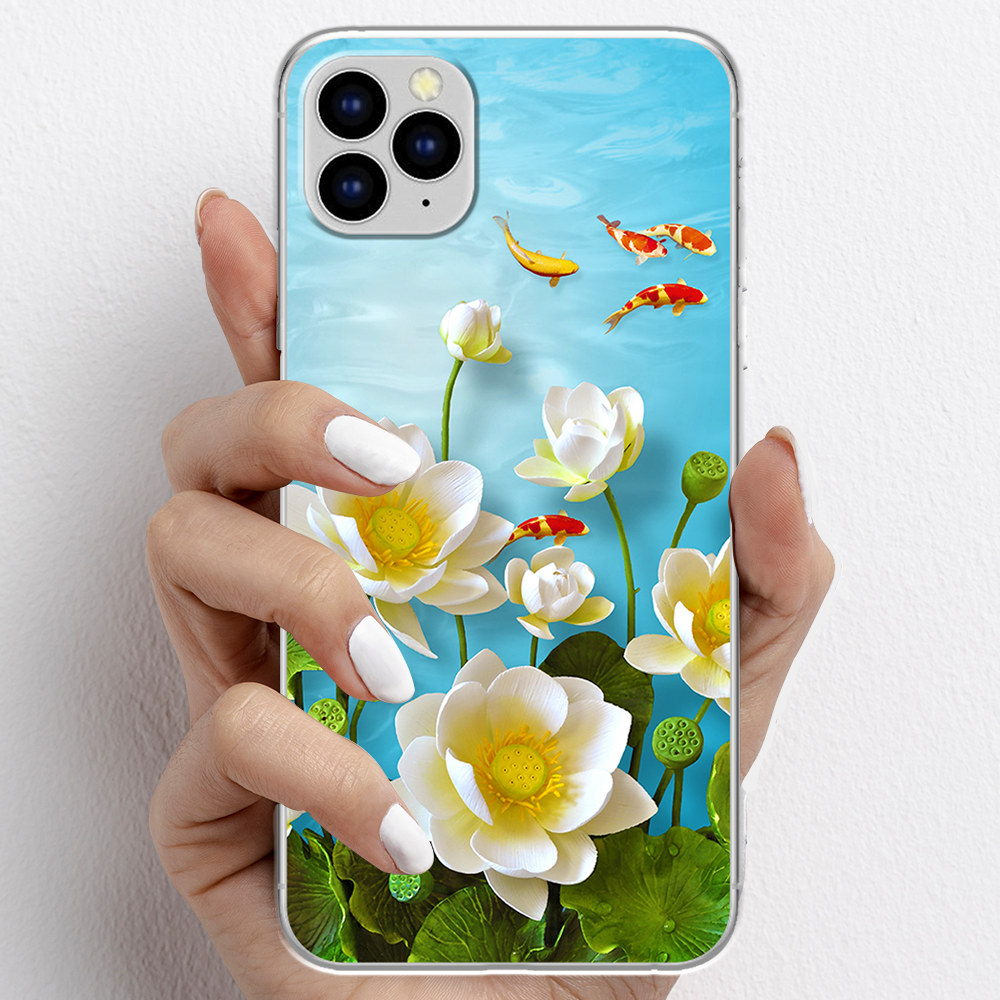 Ốp lưng cho iPhone 11 Pro, iPhone 11 Promax nhựa TPU mẫu Hoa sen cá chép đỏ