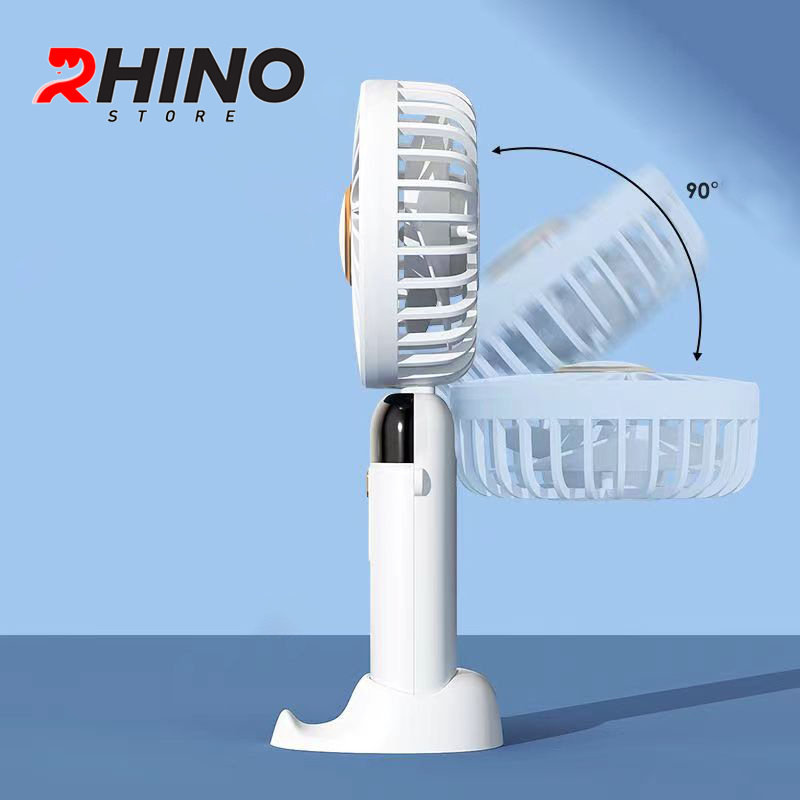 Quạt cầm tay mini siêu mát Rhino F401 tích điện với 5 mức độ gió, kèm đế, dây treo, lượng pin cao - Hàng chính hãng