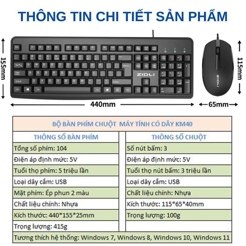 Bộ bàn phím và chuột máy tính có dây KM40 giá rẻ bấm êm siêu bền dùng cho văn phòng