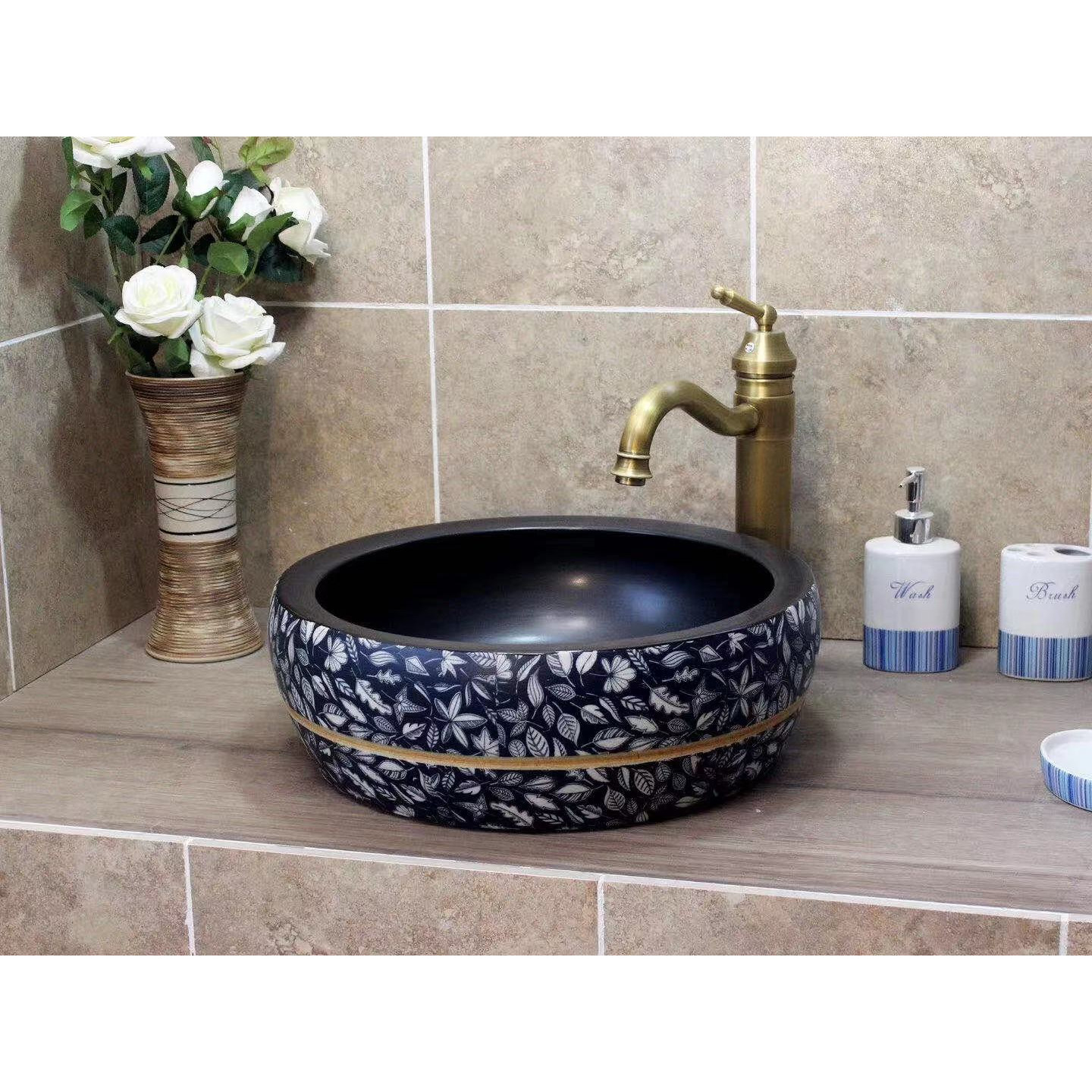 CHẬU RỬA MẶT LAVABO GỐM SỨ ĐẶT BÀN HÌNH TRÒN HỌA TIẾT HOA VĂN