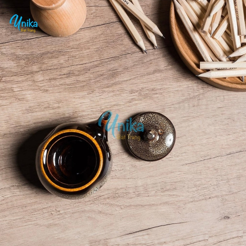 Ấm mắm dẹt men cánh gián - Lọ gia vị có vòi men bôi hỏa biến - ấm đựng nước chấm gốm Unika Bát Tràng